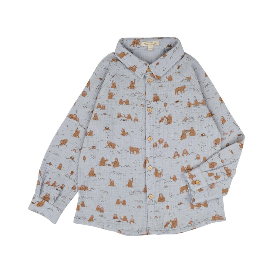 Red Caribou Monkey Snow Day Muslin Shirt, Light Gray |Mockingbird Baby & Kids