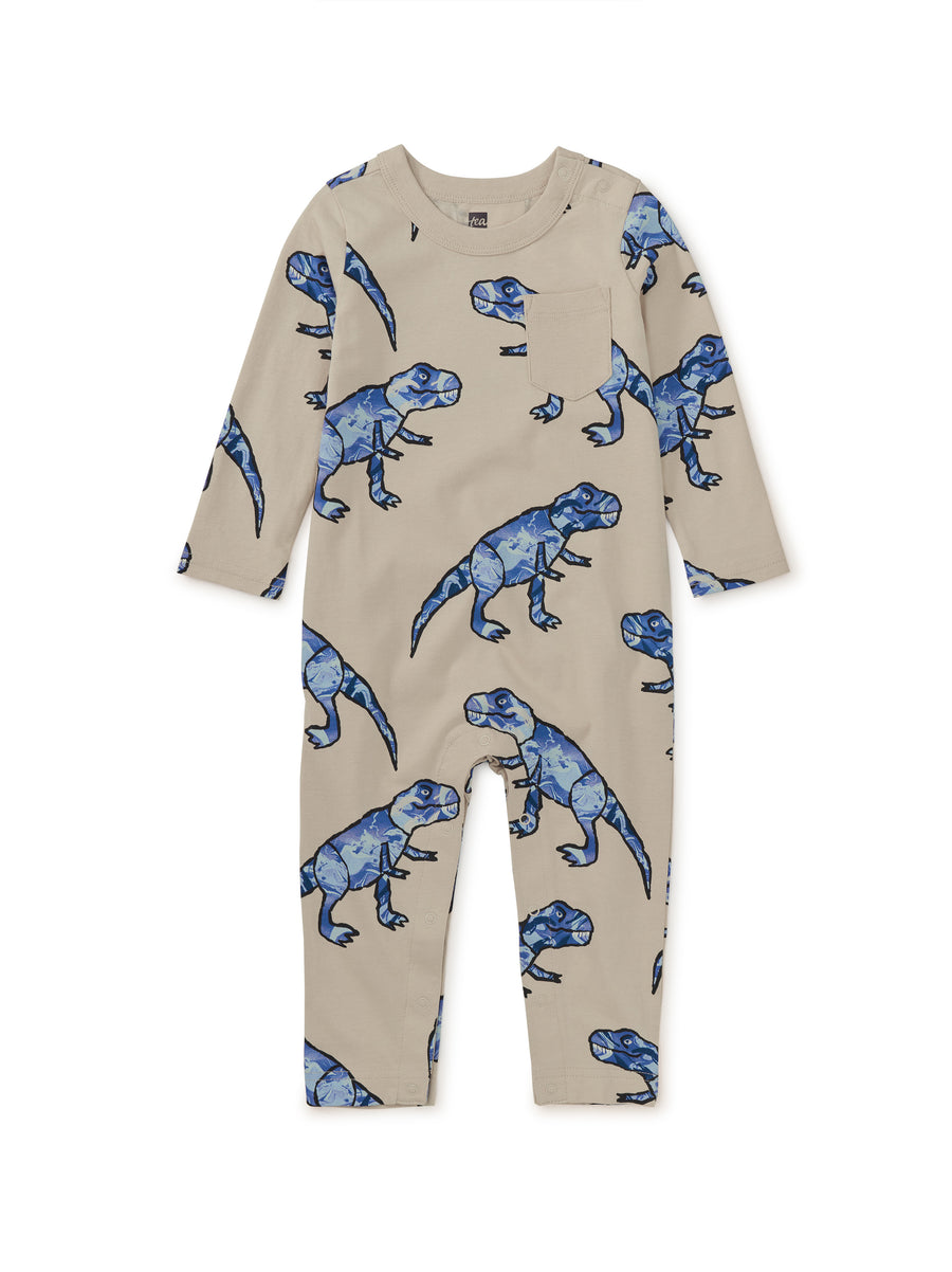 Tea Collection Long Sleeve Pocket Baby Romper, T-Rex in Marble |Mockingbird Baby & Kids