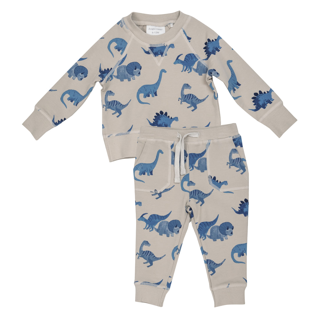 Angel Dear Dino French Terry Sweatshirt & Jogger Set, Blue |Mockingbird Baby & Kids