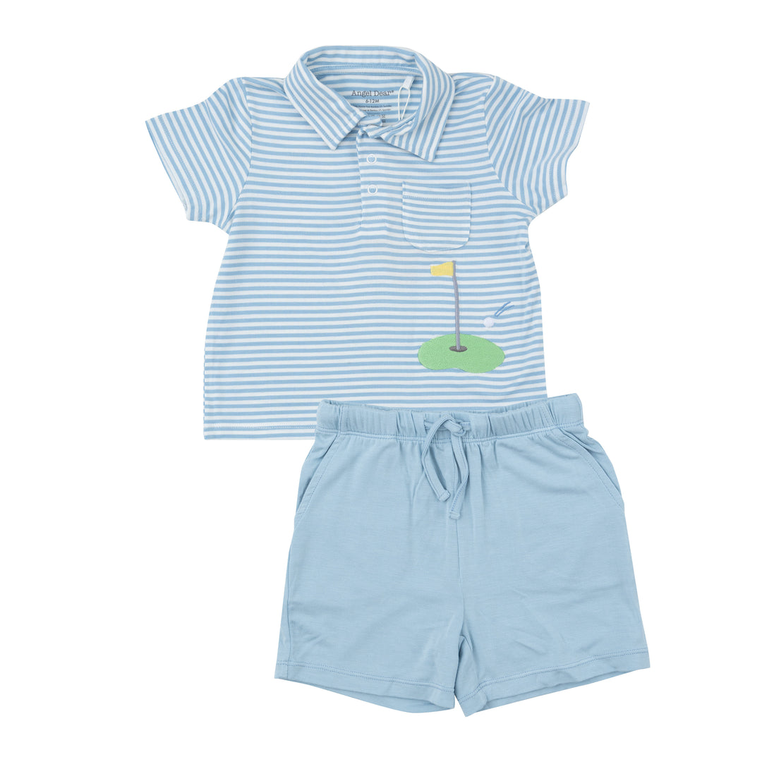 Angel Dear Golf Dream Blue Stripe Polo Shirt + Short Set |Mockingbird Baby & Kids