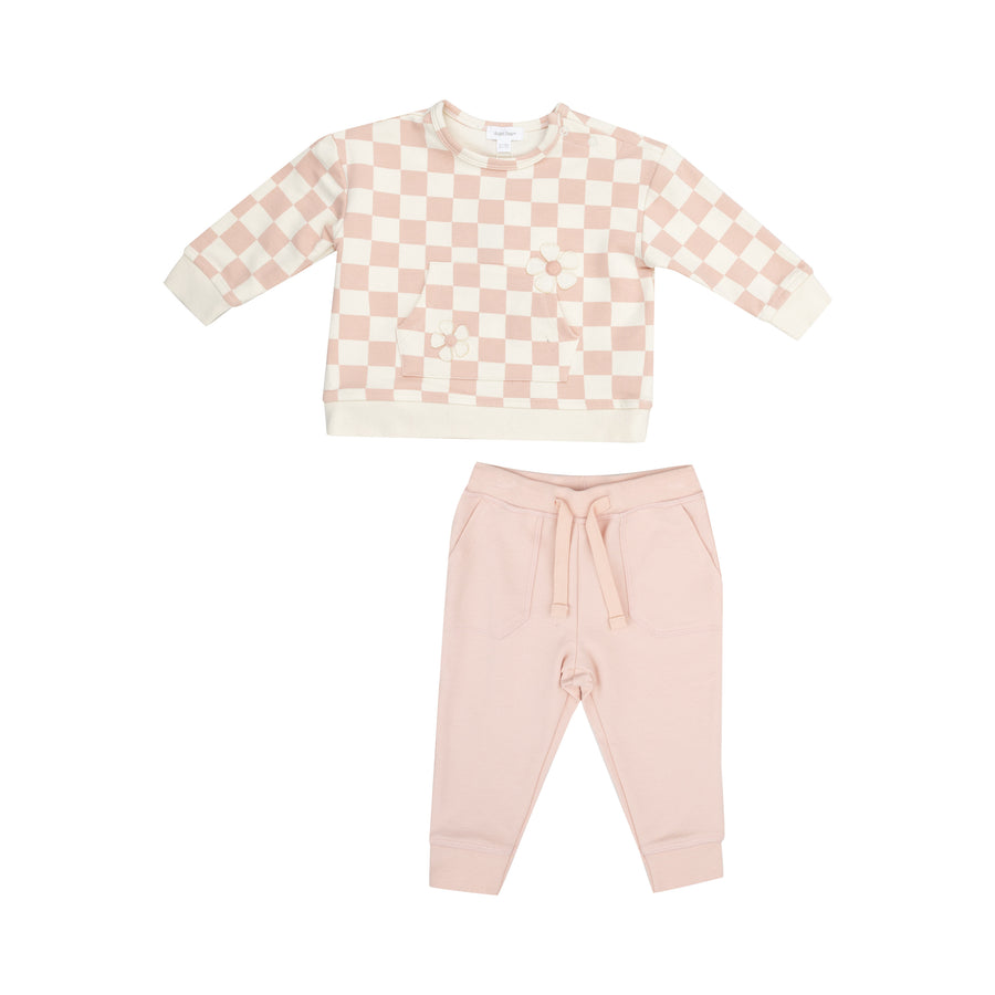 Angel Dear Pink Checkerboard & Daisy French Terry Sweatshirt + Jogger Set |Mockingbird Baby & Kids