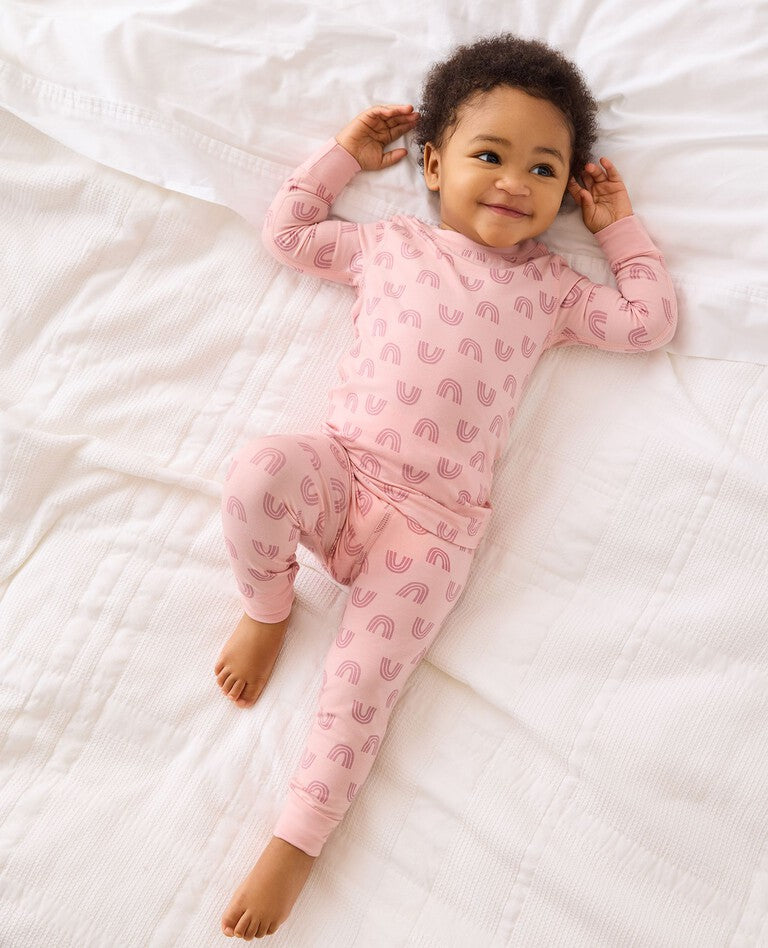 Kids Print Long John Pajama Set in HannaSoft™, Blush Pink Rainbow