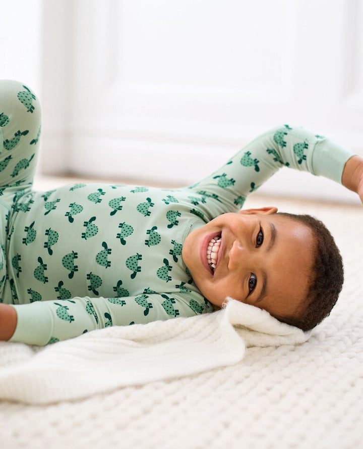 Kids Print Long John Pajama Set in HannaSoft™, Mini Turtle on Seafoam