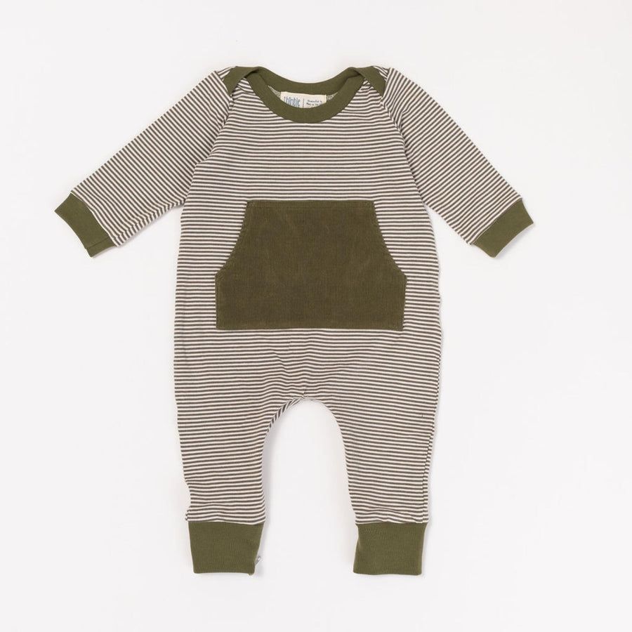 Thimble Collection Bamboo Zipper Romper in Olive Stripe |Mockingbird Baby & Kids
