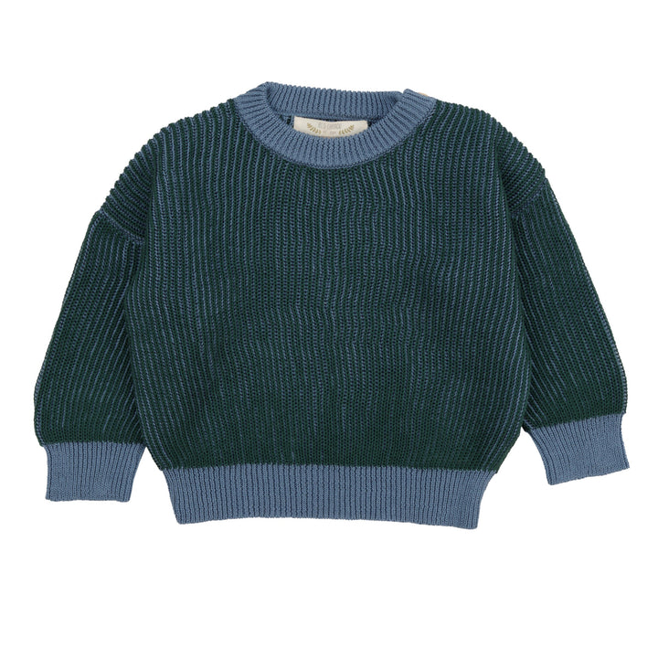 Red Caribou Two-Tone Ribbed Sweater, Dark Green |Mockingbird Baby & Kids