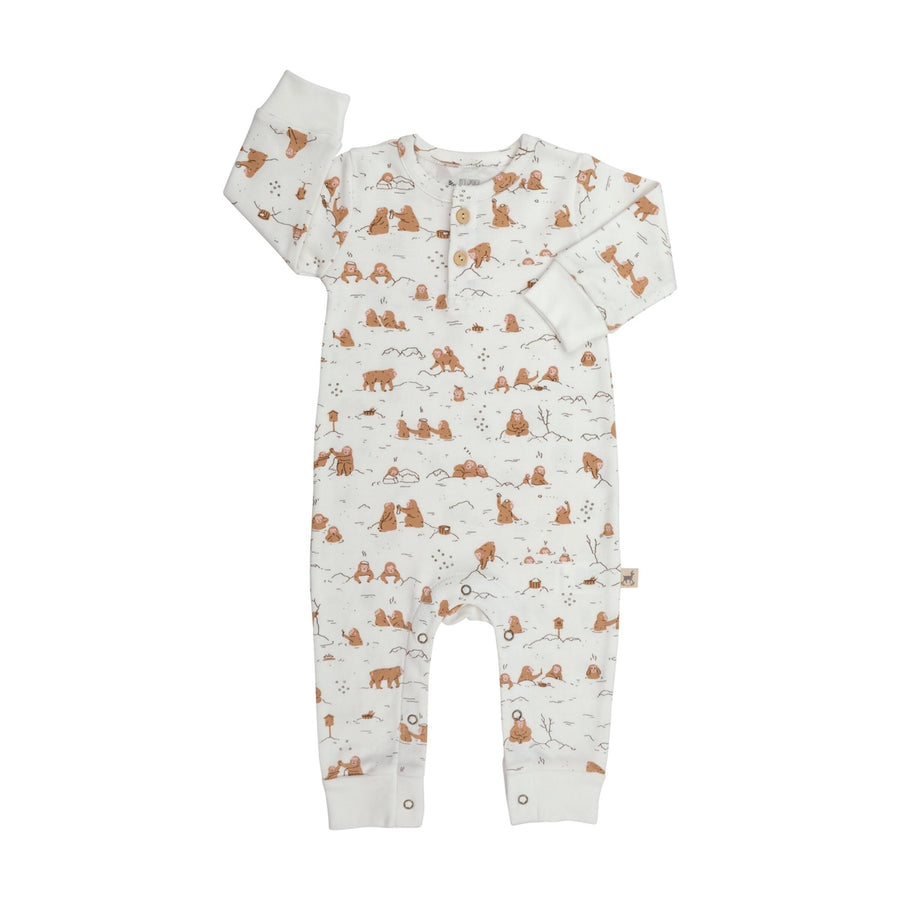 Red Caribou Monkey Snow Day Buttoned Jumpsuit, Ivory |Mockingbird Baby & Kids