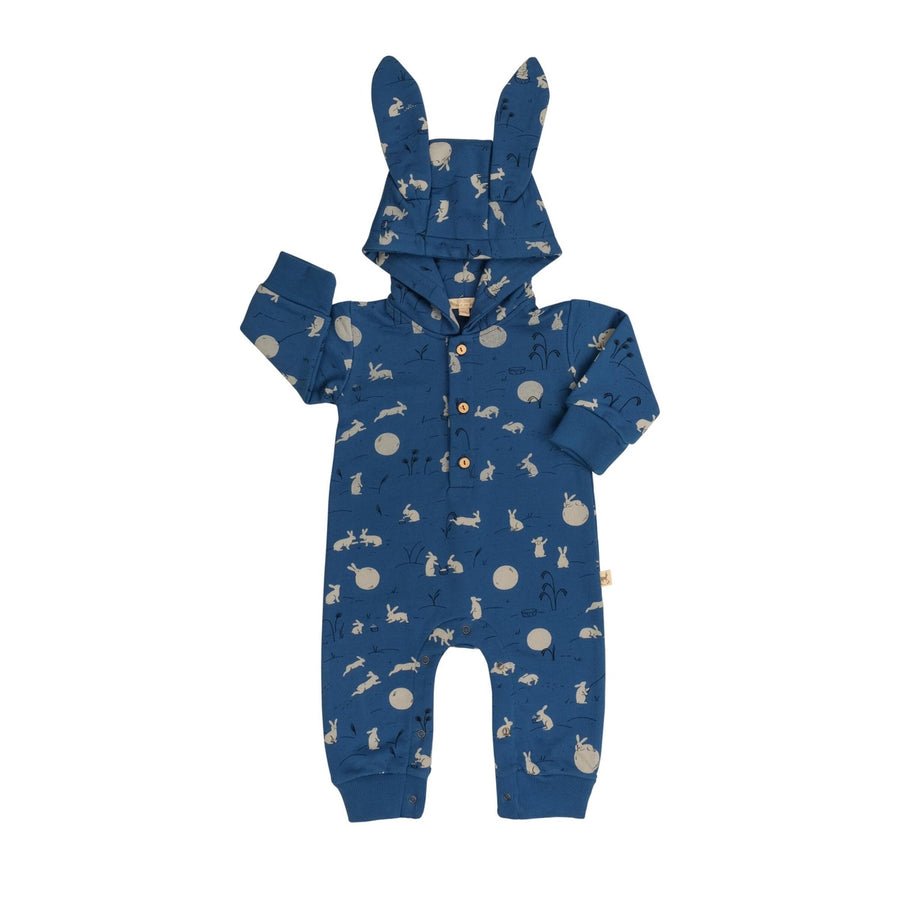 Red Caribou Moonlit Usagi Hooded Terry Jumpsuit, Dark Blue |Mockingbird Baby & Kids