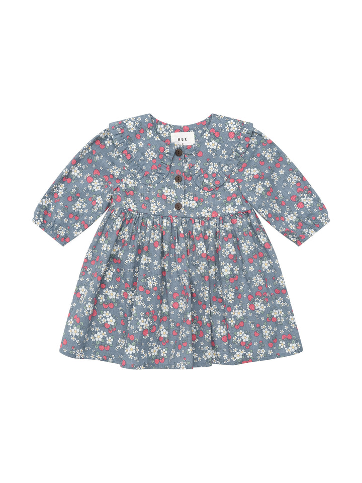 Huxbaby Vintage Strawberry Collar Dress, Dusty Blue |Mockingbird Baby & Kids