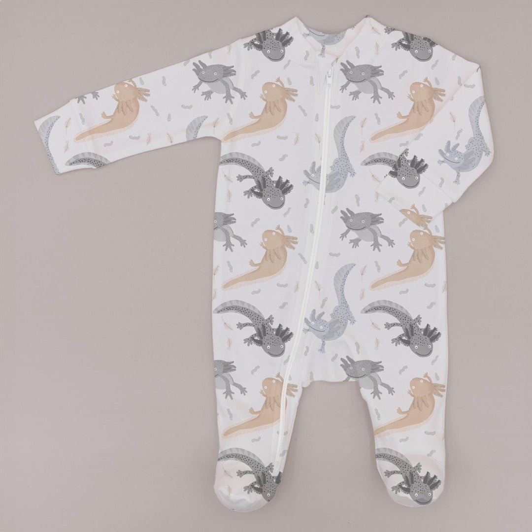 Milktology Save the Axolotl Zipper Footie, Grey |Mockingbird Baby & Kids