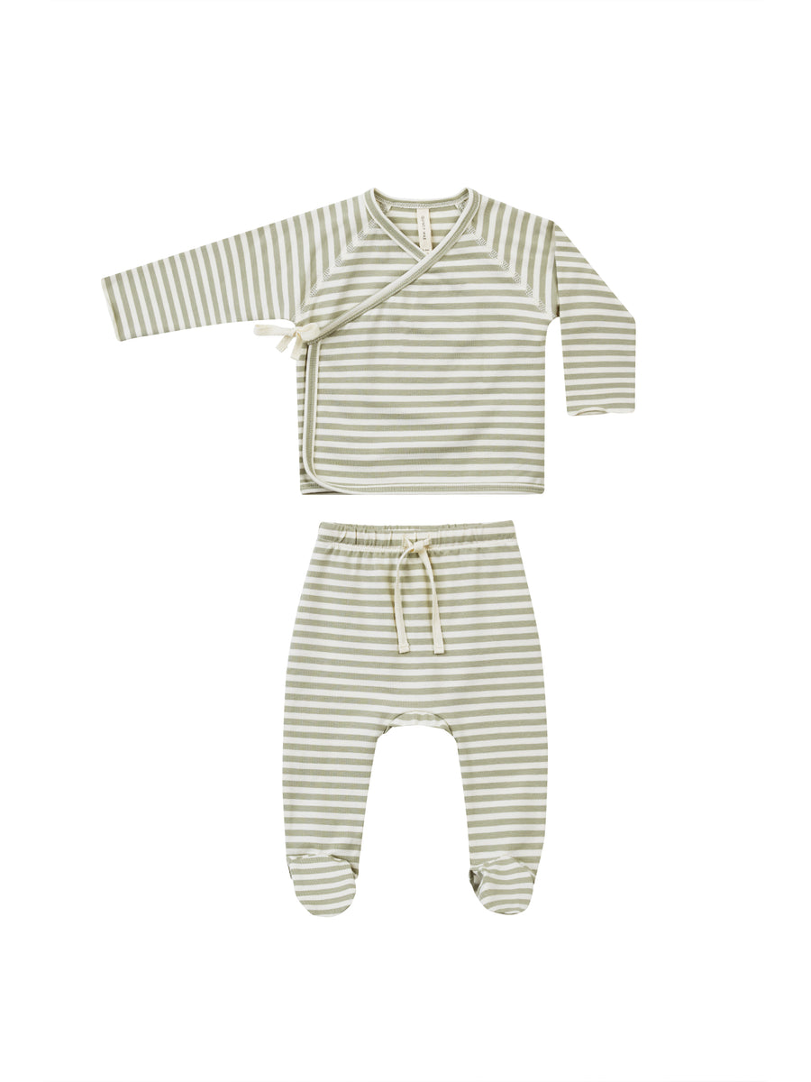 Quincy Mae Wrap Top + Footed Pant Set, Sage Stripe |Mockingbird Baby & Kids