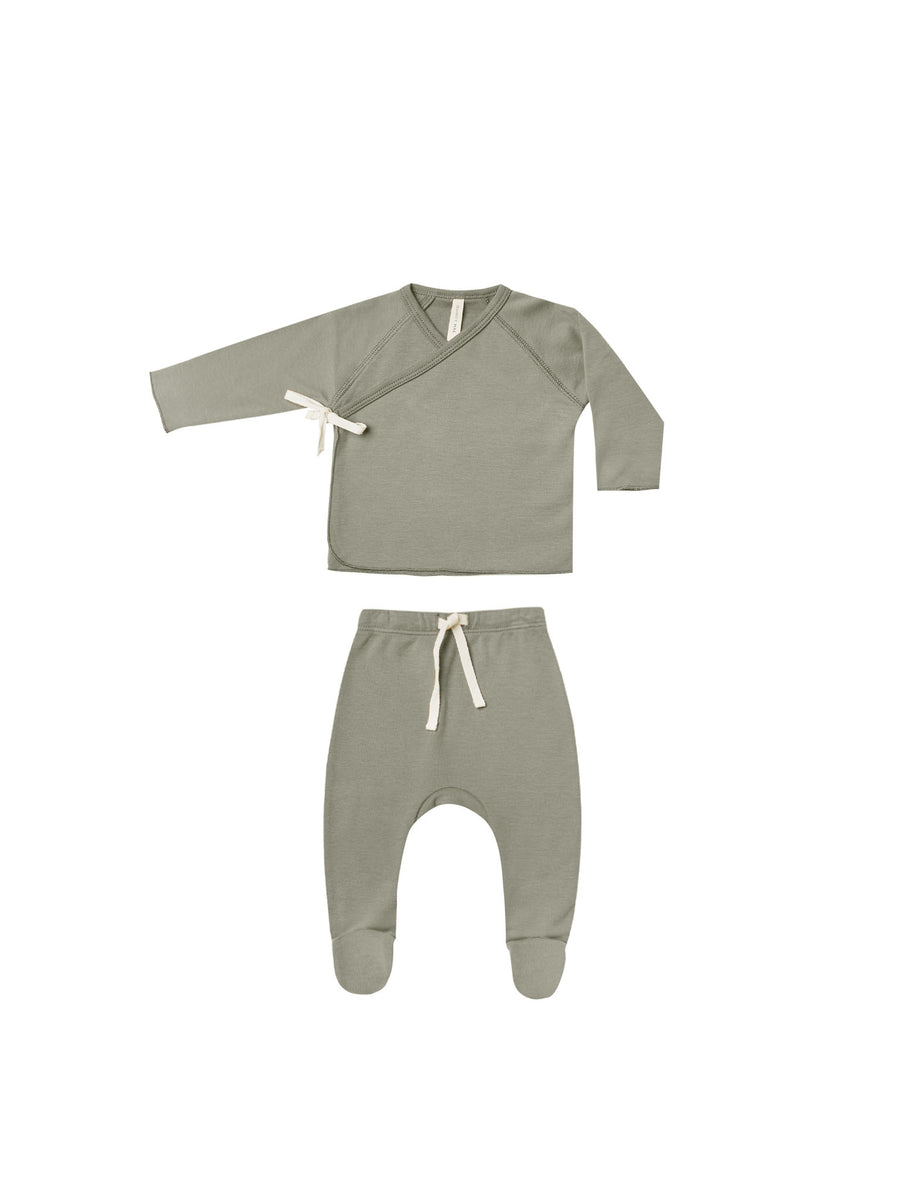 Quincy Mae Dotty Wrap Top + Footed Pant Set, Basil |Mockingbird Baby & Kids