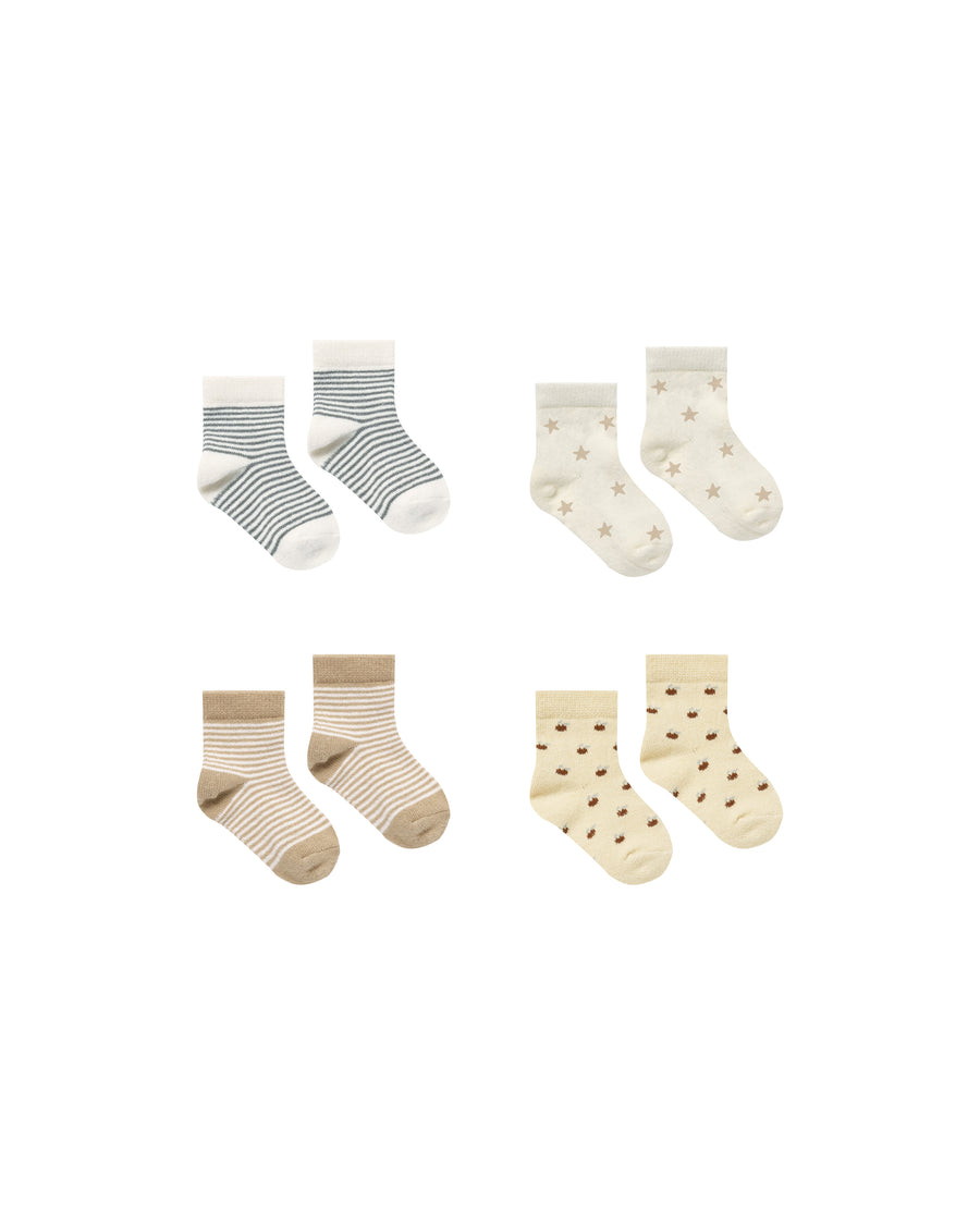 Quincy Mae 4-Pack Printed Socks - Latte Micro Stripe, Doves, Stripe, Apples |Mockingbird Baby & Kids