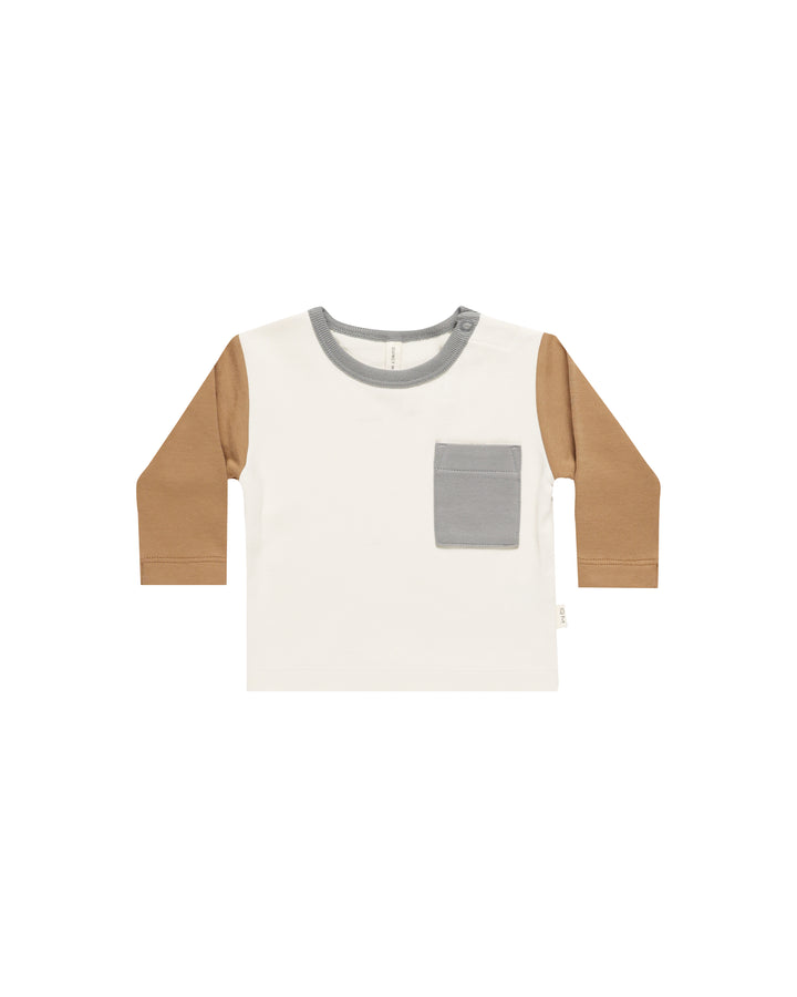 Quincy Mae Color Block Long Sleeve Pocket Tee, Ivory |Mockingbird Baby & Kids