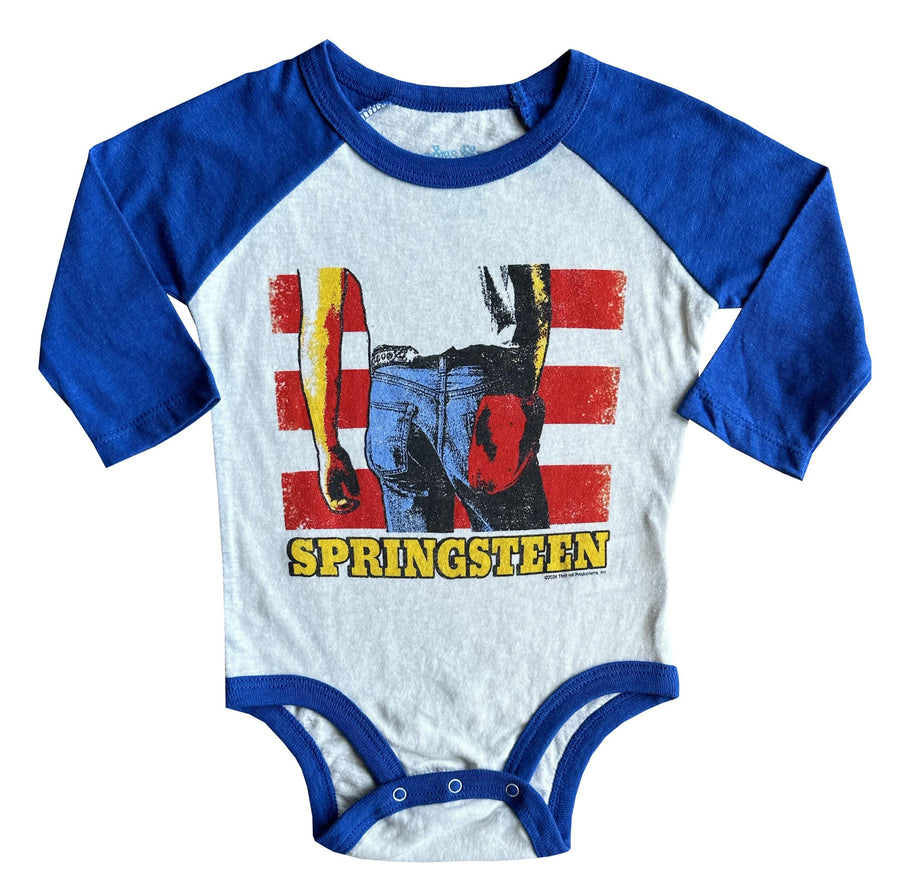 Rowdy Sprout Springsteen Born in the USA Long Sleeve Onesie, Vintage White |Mockingbird Baby & Kids