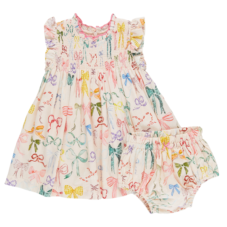 Pink Chicken Baby Girls Stevie Dress, Watercolor Bows |Mockingbird Baby & Kids