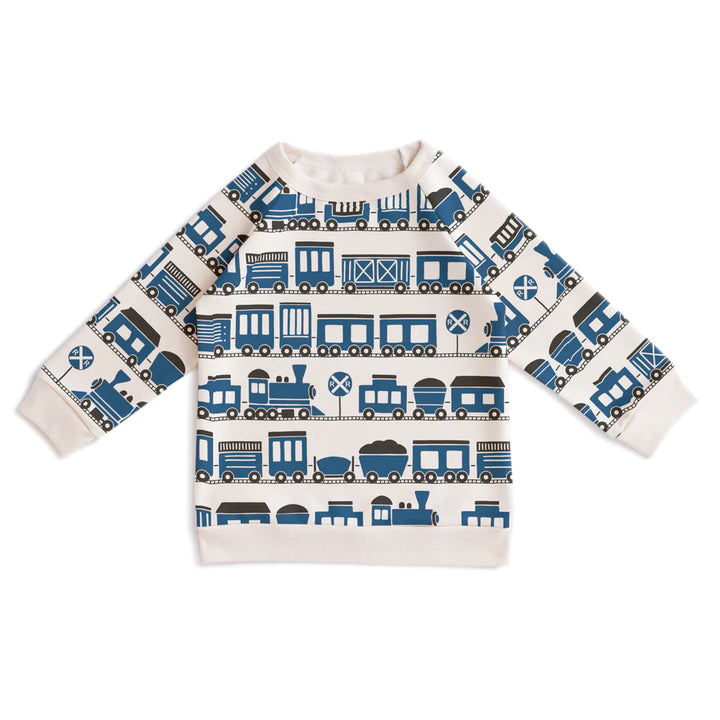 Winter Water Factory Trains Sweatshirt, Blue |Mockingbird Baby & Kids