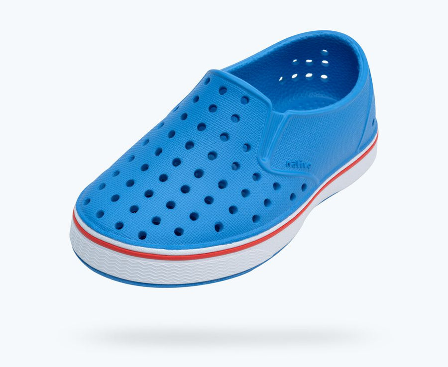 Native Shoes Miles Slip-On, Resting Blue/ Shell White/ Hyper Red |Mockingbird Baby & Kids