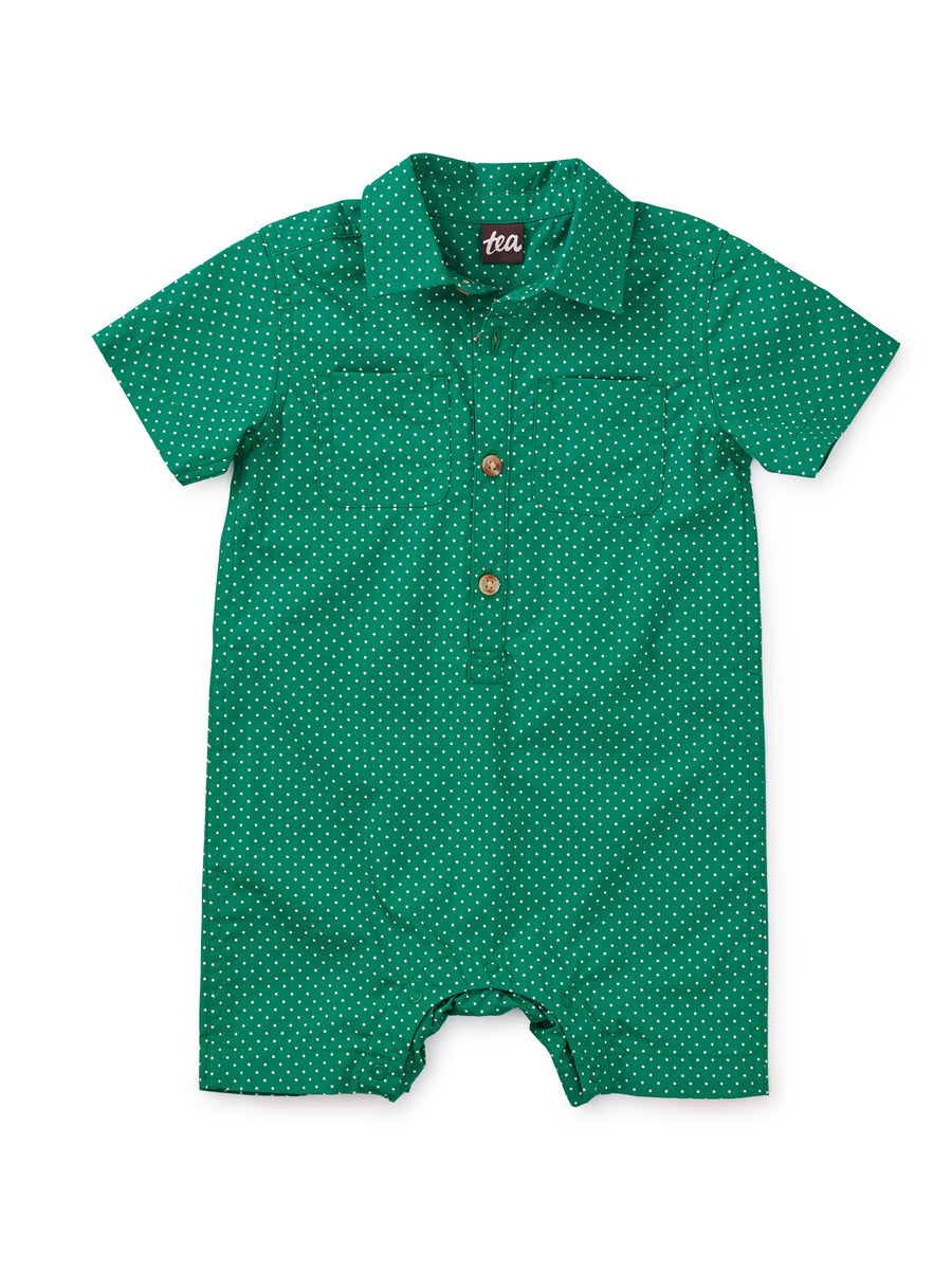 Tea Collection Buttoned Baby Romper, Polka Dots in Green |Mockingbird Baby & Kids
