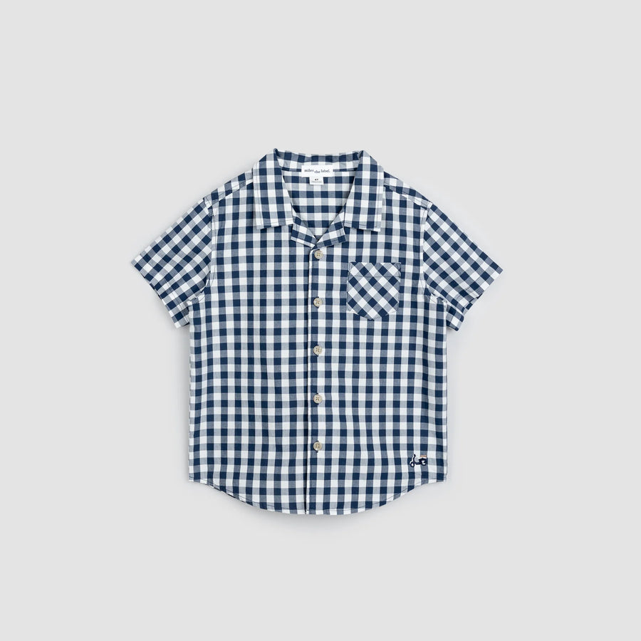 miles the label. Gingham Poplin Short-Sleeve Shirt, Navy |Mockingbird Baby & Kids
