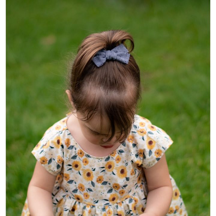 The Little Piggy Co Dark Chambray Small Hand-Tied Hair Bow |Mockingbird Baby & Kids