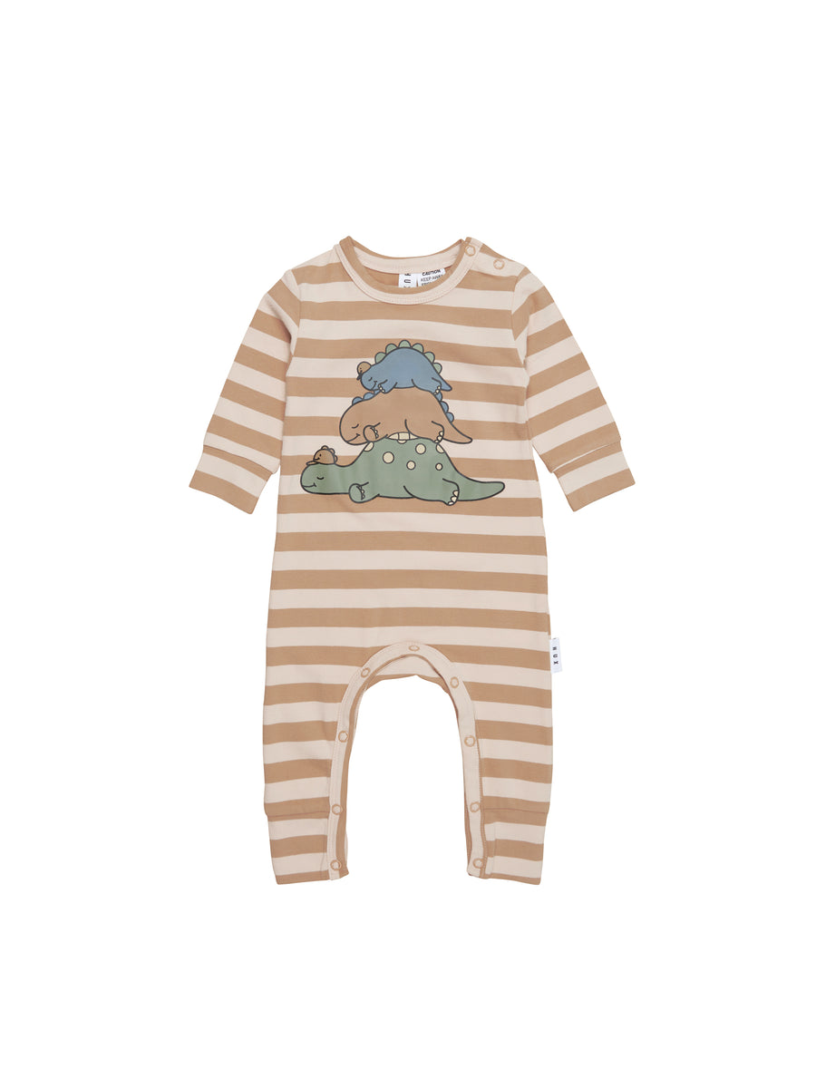 Huxbaby Sleeping Dinos Stripe Romper, Biscuit |Mockingbird Baby & Kids