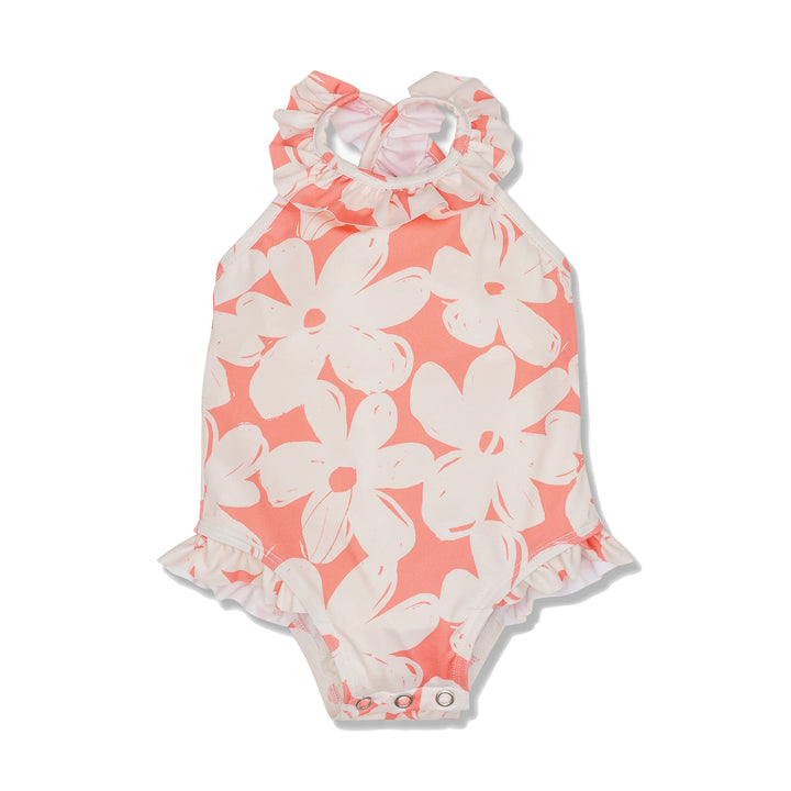 Mon Coeur Flower Swimsuit, Coral & Cream |Mockingbird Baby & Kids