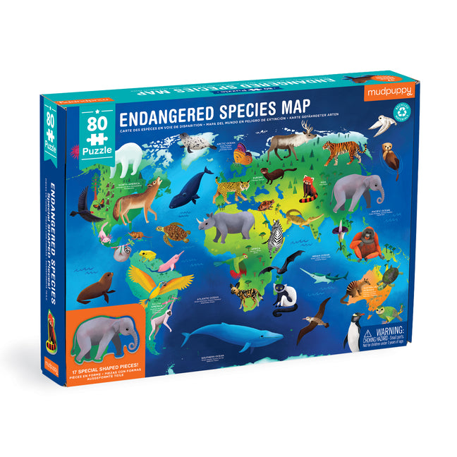 Mudpuppy Endangered Species Around the World Geography Puzzle, 80 Pieces |Mockingbird Baby & Kids