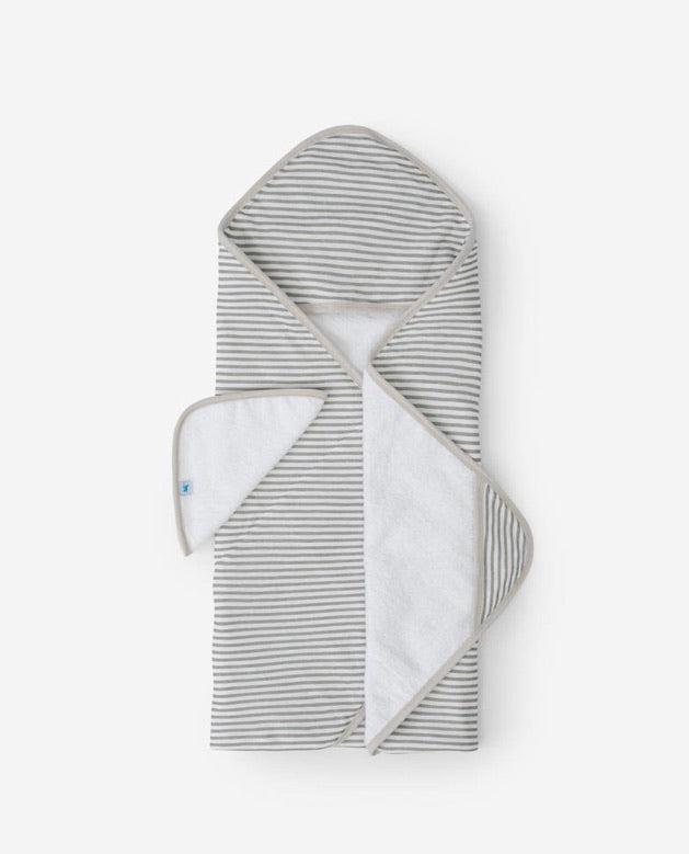 Little Unicorn Cotton Hooded Towel & Wash Cloth Set, Grey Stripe |Mockingbird Baby & Kids